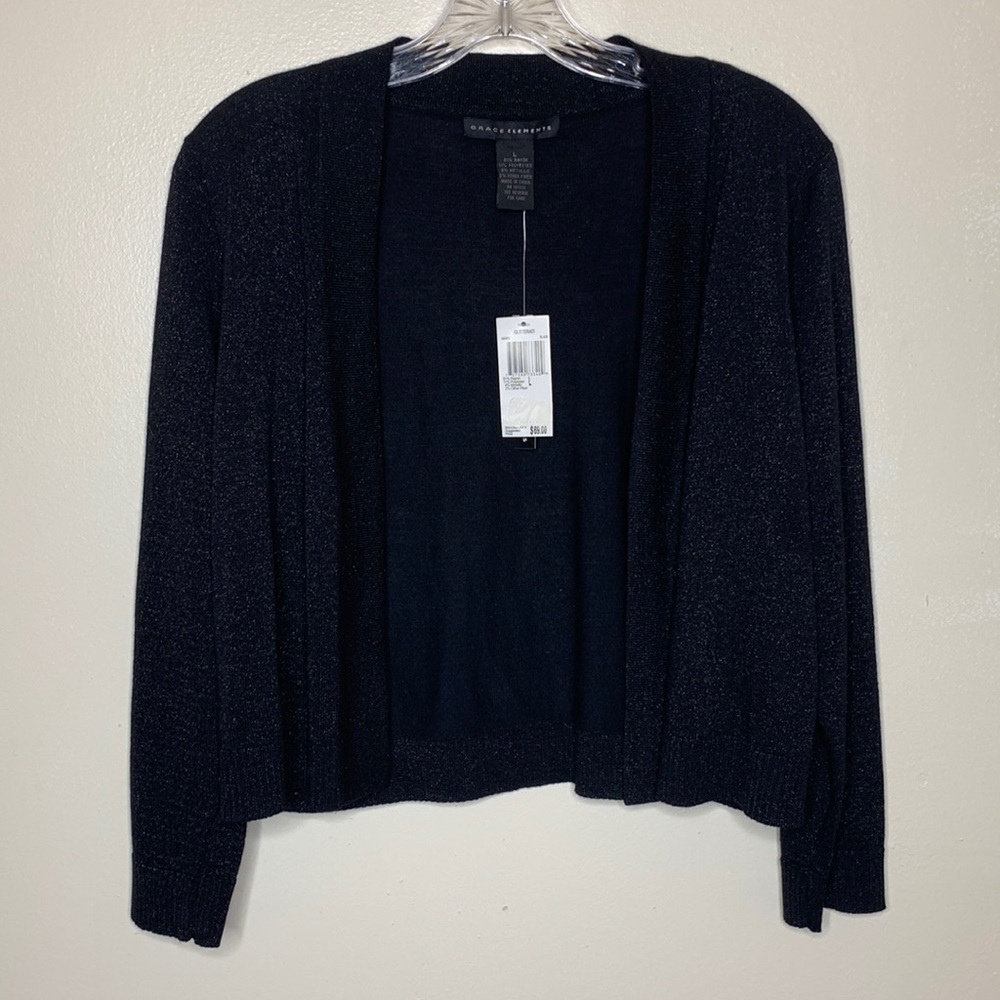 GRACE ELEMENT Cardigan Sweater Black Silver Shimmer GLITTERATI Open Front Large
